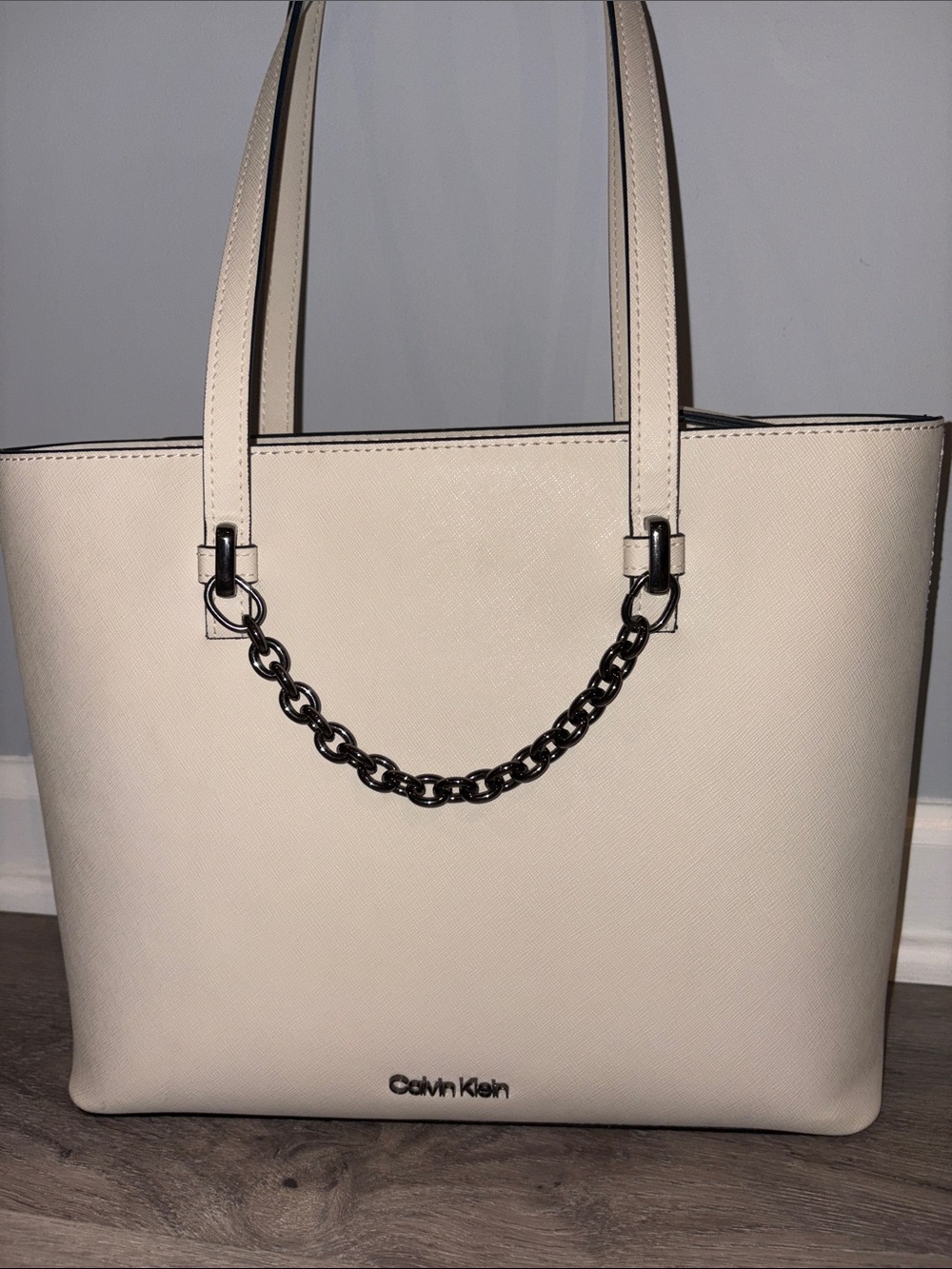 Calvin Klein Cream Leather Tote with Gunmetal Chain Accent